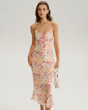 Pembe Çiçekli Dar Kesim Midi Elbise