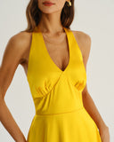 Sarı Saten A Kesim Askılı Midi Elbise