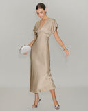 Kayısı V Yaka A Kesim Saten Midi Elbise