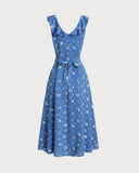 Sueña Mavi Çiçekli Fırfırlı Kolsuz Midi Elbise