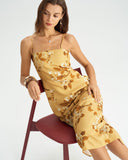 Sarı Çiçekli Büzgülü Midi Elbise