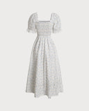 Sueña™ Mavi Çiçekli Kabarık Kol Midi Elbise