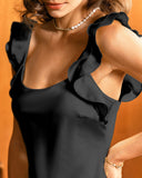 Sueña™ Siyah Volanlı Kare Yaka Slip Midi Elbise