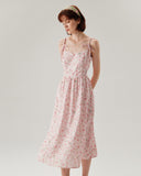 Sueña™ Pembe Çiçekli Büzgülü Slip Midi Elbise