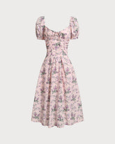 Sueña Pembe Çiçekli Kalp Yaka Midi Elbise