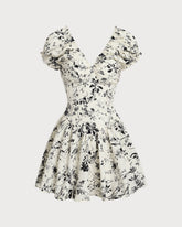 Sueña™ Beyaz Çiçek Dantelli V Yaka Mini Elbise