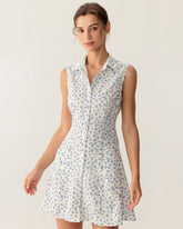 Sueña Mavi Çiçekli Cepli Kolsuz Mini Elbise