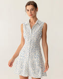 Sueña Mavi Çiçekli Cepli Kolsuz Mini Elbise