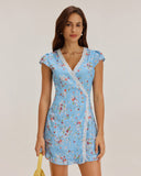 Sueña™ Mavi Çiçekli Sarma Mini Elbise