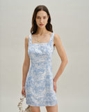 Sueña™ Mavi Çiçekli Kare Yaka A Kesim Mini Elbise