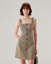 Sueña™ Kahverengi Ekose Düğmeli Slip Mini Elbise