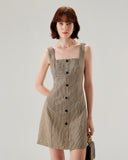 Sueña™ Kahverengi Ekose Düğmeli Slip Mini Elbise