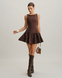 Kahve Yuvarlak Yaka Pileli Mini Elbise