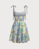 Sueña Mor Çiçekli Kravat Askılı Mini Elbise