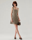 Sueña™ Kahverengi Ekose Düğmeli Slip Mini Elbise