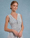 Sueña™ Mavi Çiçekli V Yaka Pileli Mini Elbise