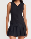 Siyah V Yaka Kolsuz Kemerli Mini Elbise