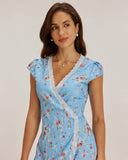 Sueña™ Mavi Çiçekli Sarma Mini Elbise