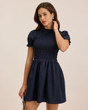 Sueña™ Mavi Büzgülü Kabarık Kollu Mini Elbise