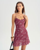 Kırmızı Çiçekli Volanlı Mini Elbise