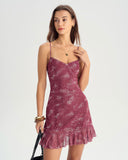 Kırmızı Çiçekli Volanlı Mini Elbise