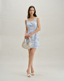 Sueña™ Mavi Çiçekli Kare Yaka A Kesim Mini Elbise