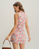 Kırmızı Çiçekli Tekne Yaka Kolsuz Mini Elbise