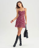 Kırmızı Çiçekli Volanlı Mini Elbise