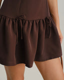 Kahve Yuvarlak Yaka Pileli Mini Elbise