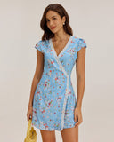 Sueña™ Mavi Çiçekli Sarma Mini Elbise