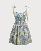 Sueña Mor Çiçekli Kravat Askılı Mini Elbise