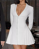 Beyaz V Yaka A Kesim Düğmeli Mini Elbise