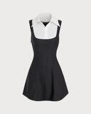 Sueña™ Siyah Kontrast Kolsuz Düğmeli Mini Elbise