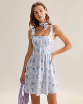 Sueña™ Mavi Çiçekli Kare Yaka Slip Mini Elbise
