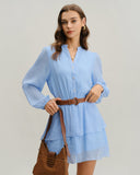 Mavi V Yakalı Katlı Mini Elbise