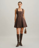 Kahverengi Ekose A Kesim Askılı Mini Elbise