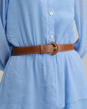 Mavi V Yakalı Katlı Mini Elbise