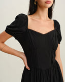 Sueña™ Siyah Kalp Yaka Kabarık Kollu Mini Elbise