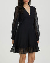 Siyah Puantiyeli Şeffaf Kollu Mini Elbise