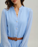 Mavi V Yakalı Katlı Mini Elbise