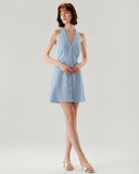 Sueña™ Mavi Düğme Cepli Boyundan Bağlamalı Mini Elbise