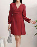 Kırmızı Şair Kollu A Kesim Mini Elbise