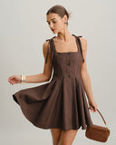 Kahverengi Ekose A Kesim Askılı Mini Elbise