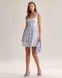 Sueña™ Mavi Çiçekli Kare Yaka Slip Mini Elbise