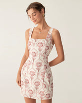 Sueña Pembe Kare Yaka Çiçek Slip Mini Elbise