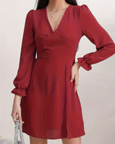 Kırmızı Şair Kollu A Kesim Mini Elbise
