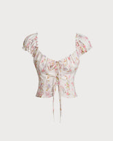 Sueña™ Beyaz Çiçekli Kabarık Kol Büzgülü Tişört