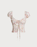 Sueña™ Beyaz Çiçekli Kabarık Kol Büzgülü Tişört