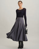 Gri Yüksek Bel Pileli Midi Etek