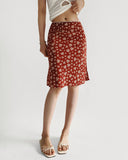 Kırmızı Çiçekli Düz Diz Boyu Etek